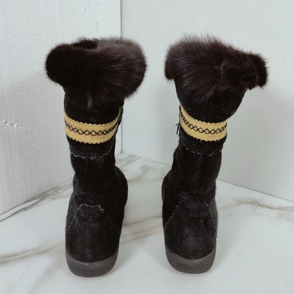 VTG Tecnica Black Goat Fur Aztec Style Trim Apres Ski Winter Snow Boots, 6 - Picture 6 of 8